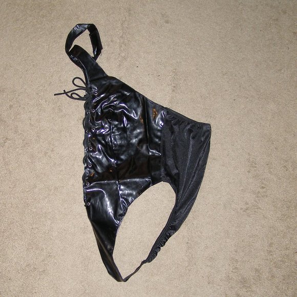 🔥 NEW (Vintage) Allure Leather Black Vinyl Halter Teddy XL 8-10 - Picture 6 of 12